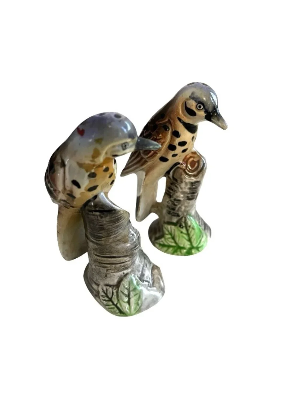 Vintage Flicker Bird Salt Pepper Shakers Japan Ceramic Woodpecker Tree Stump Pai